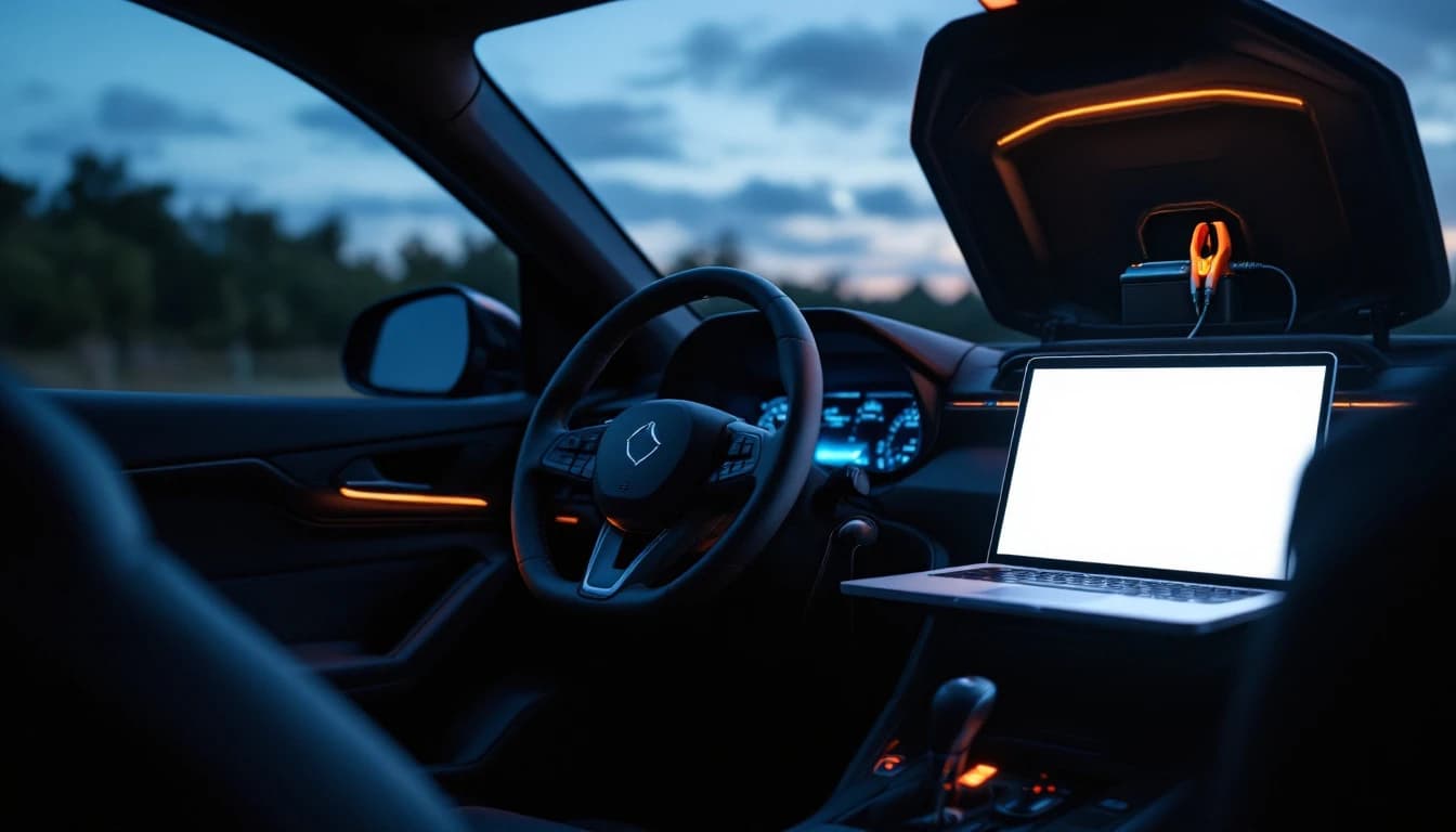 Computadora portátil conectada por cable al puerto de diagnóstico bajo el tablero de un carro, con un cargador de batería conectado en el compartimento del motor