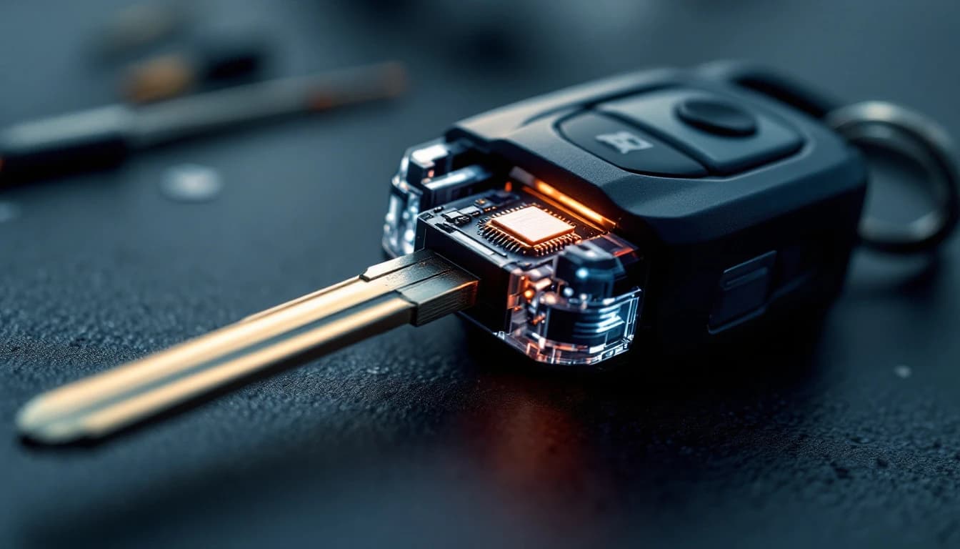 Llave transponder con chip expuesto siendo programada