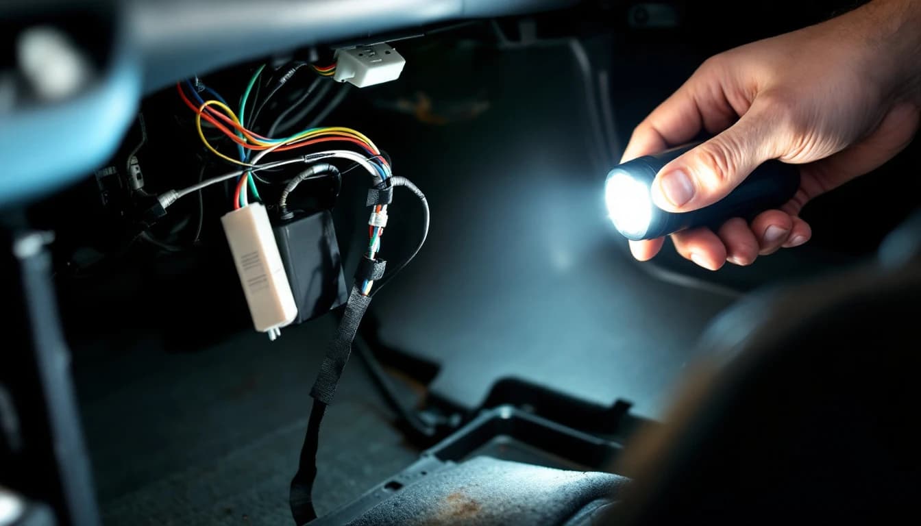 Mano con linterna iluminando cables empalmados y un módulo añadido debajo de la columna de dirección de un carro