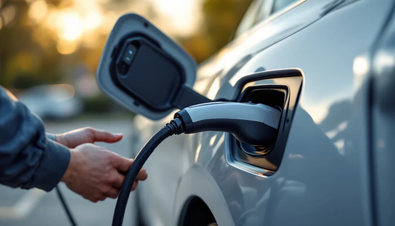 Puerto de carga abierto de un carro eléctrico gris con el cable conectado mientras un técnico lo sostiene, en un estacionamiento de Fort Worth al atardecer