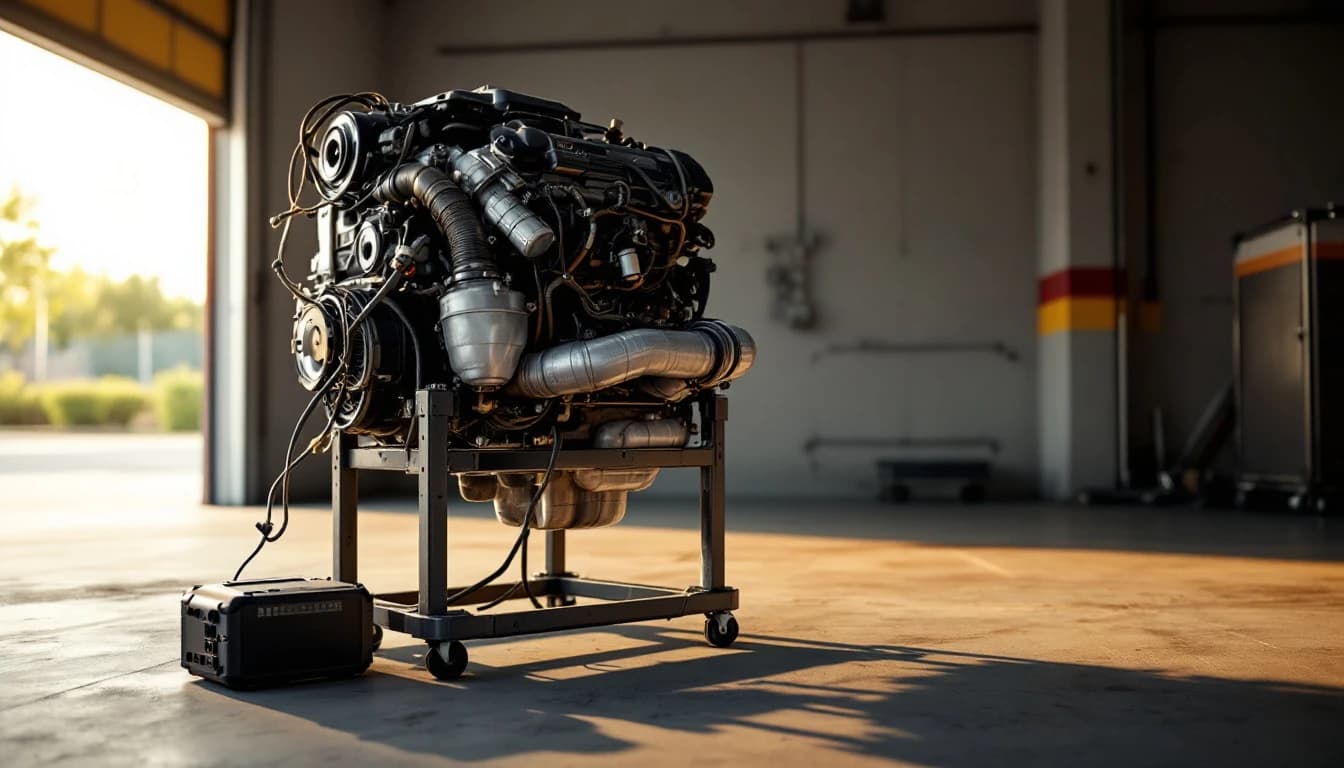 Motor usado sobre un soporte en el piso de un taller, con el arnés eléctrico y la computadora de motor desconectados a un lado