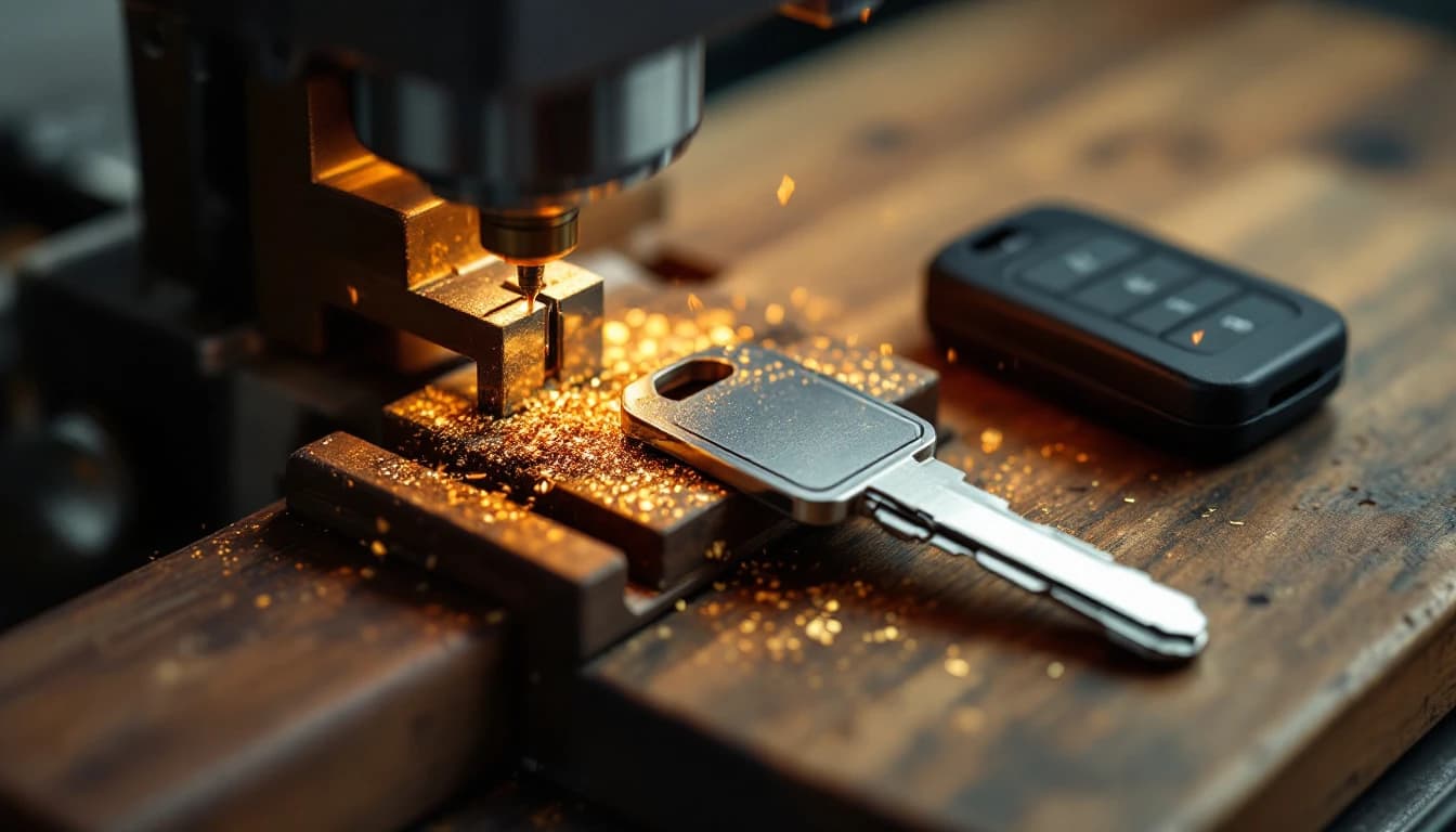 Cerrajero automotriz programando un duplicado de llave con chip junto a un vehículo en Fort Worth