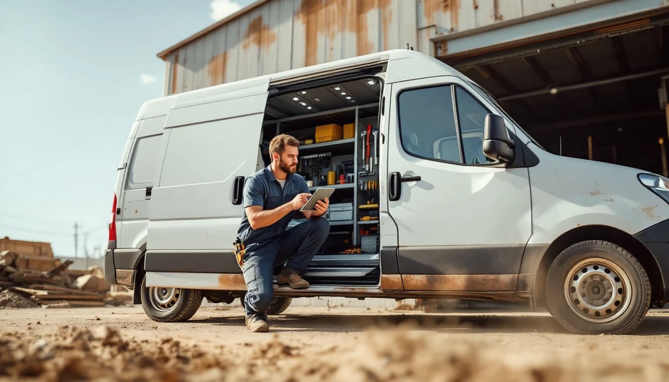 Cerrajero programando una llave nueva de Ford Transit blanca en una obra de Fort Worth