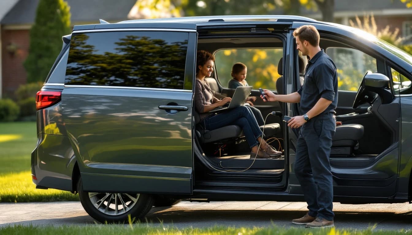 Llave inteligente de una Chrysler Pacifica sobre la consola de la minivan durante una programación móvil en Fort Worth