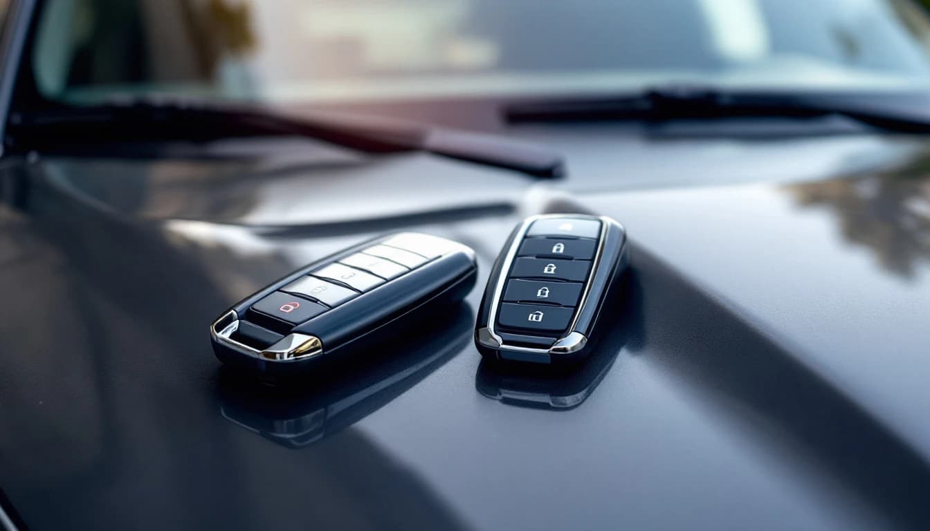 Fob de proximidad de una Honda CR-V siendo programado junto a la camioneta en un estacionamiento de Fort Worth