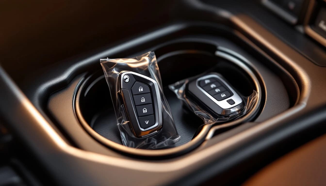 Llave de proximidad de Mazda junto a una llave con chip transponder sobre la consola durante un servicio móvil en Fort Worth