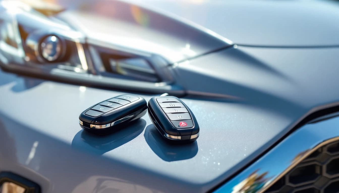 Llave inteligente FAST-key de un Mitsubishi Outlander sobre la consola durante una programación móvil en Fort Worth