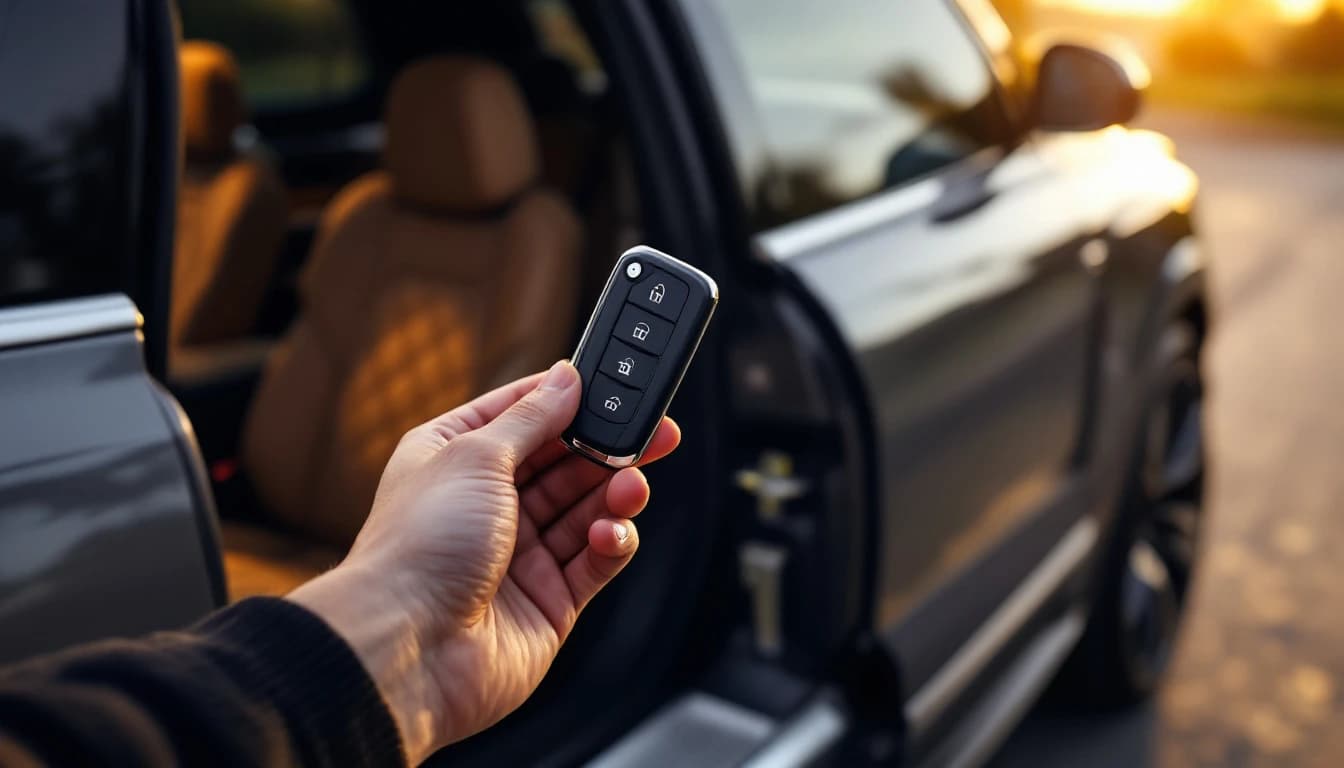 Llave de proximidad con forma de silueta de un Porsche Macan sobre la consola durante una programación móvil en Fort Worth
