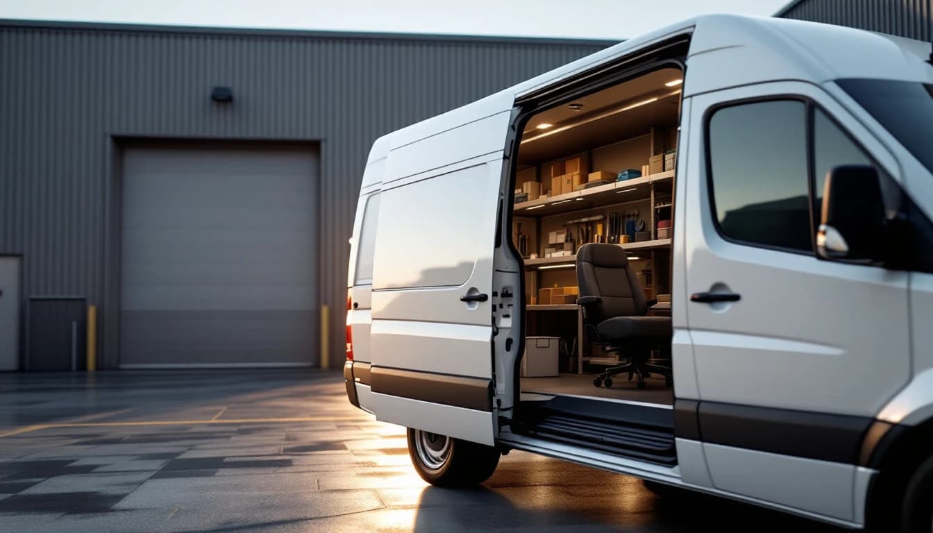 Van Ram ProMaster blanca de trabajo estacionada mientras un técnico móvil corta y programa una llave de repuesto en Fort Worth