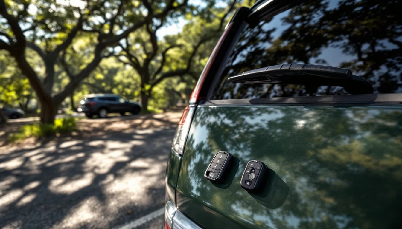 Subaru Outback estacionada mientras un cerrajero móvil programa una llave de repuesto con equipo de diagnóstico en Fort Worth