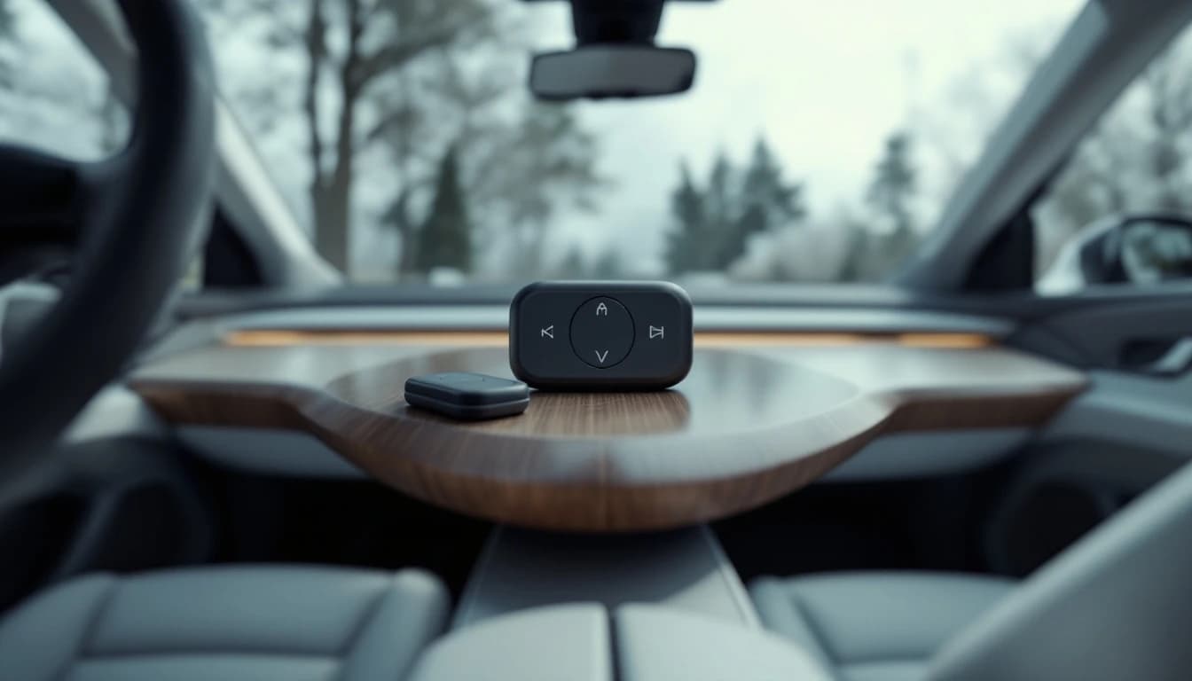 Llave de proximidad de diseño escandinavo sobre la consola central de una SUV compacta eléctrica durante una programación móvil en Fort Worth