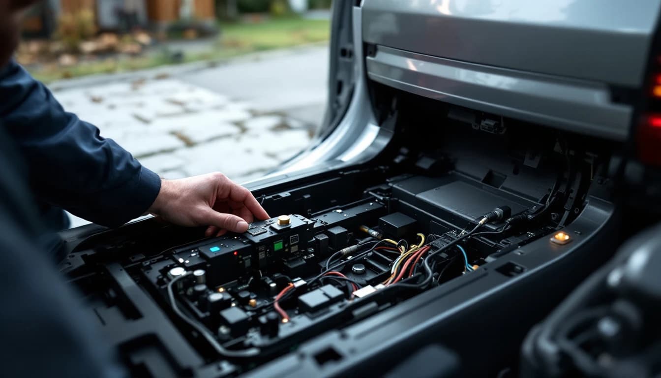 Volvo XC70 con el panel del pie del conductor abierto mientras un técnico revisa el módulo electrónico central CEM en Fort Worth