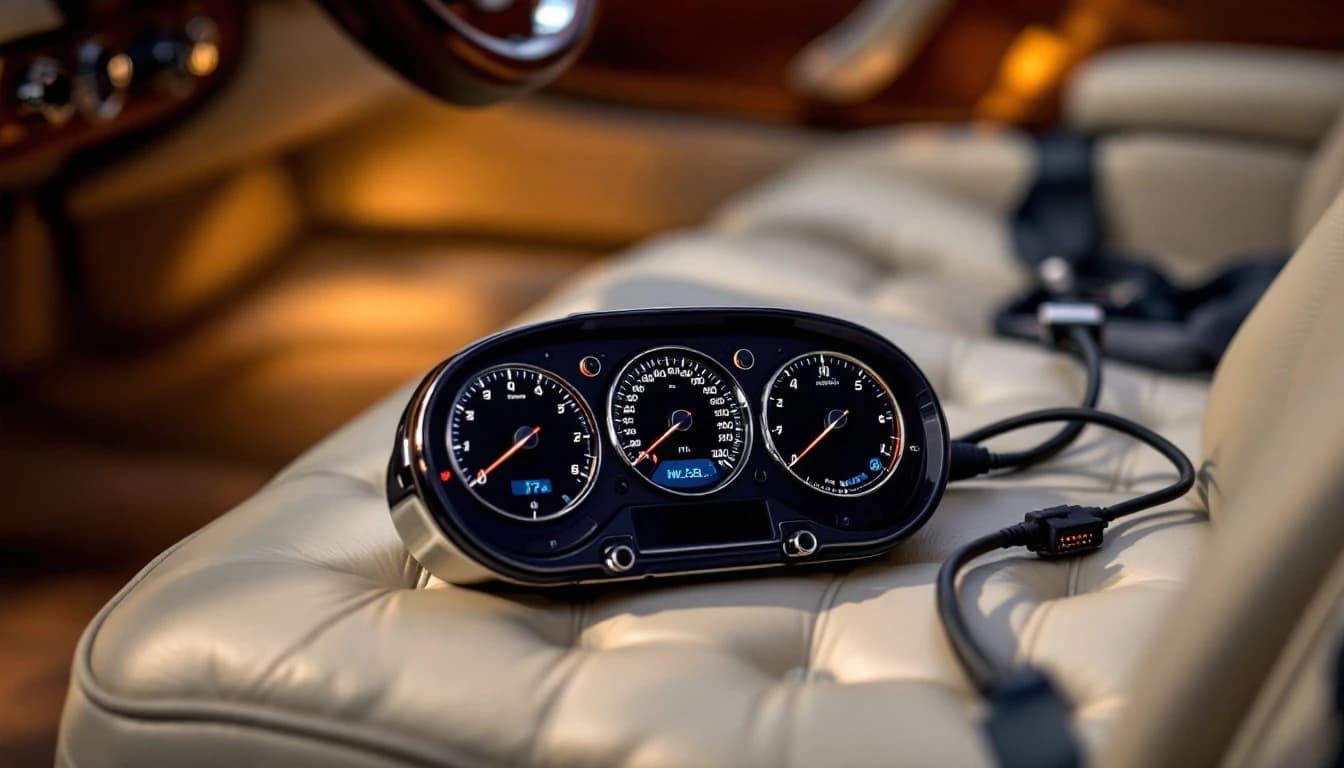 Maserati Quattroporte azul oscuro con el tablero encendido mientras un técnico conecta equipo de diagnóstico en Fort Worth