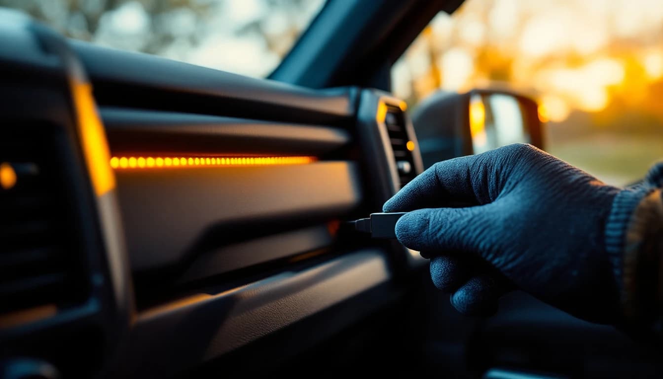 Camioneta Ram 1500 estacionada mientras un técnico conecta equipo autenticado al puerto OBD-II para pasar el módulo Secure Gateway en Fort Worth