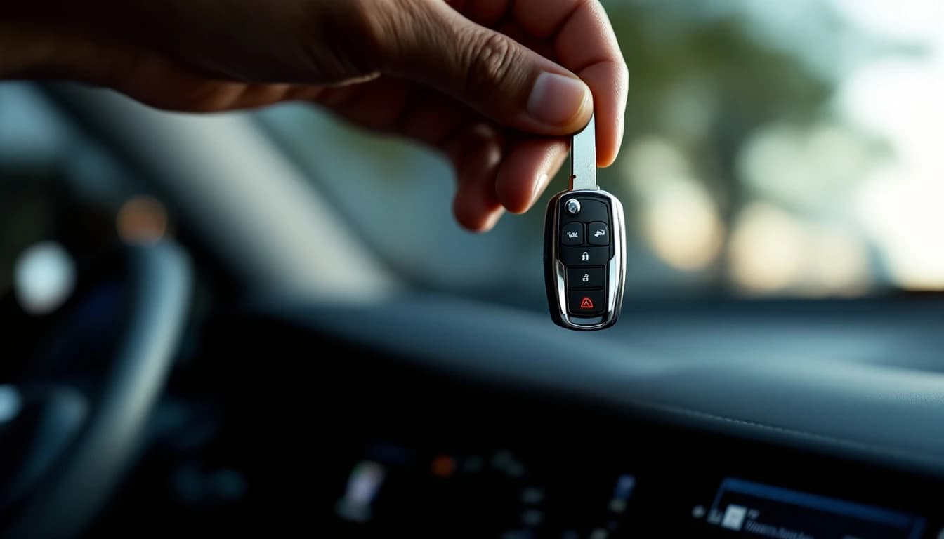 Fob plegable de Buick con la hoja desplegada junto a una llave de proximidad sobre el asiento de un Encore durante un servicio móvil en Fort Worth