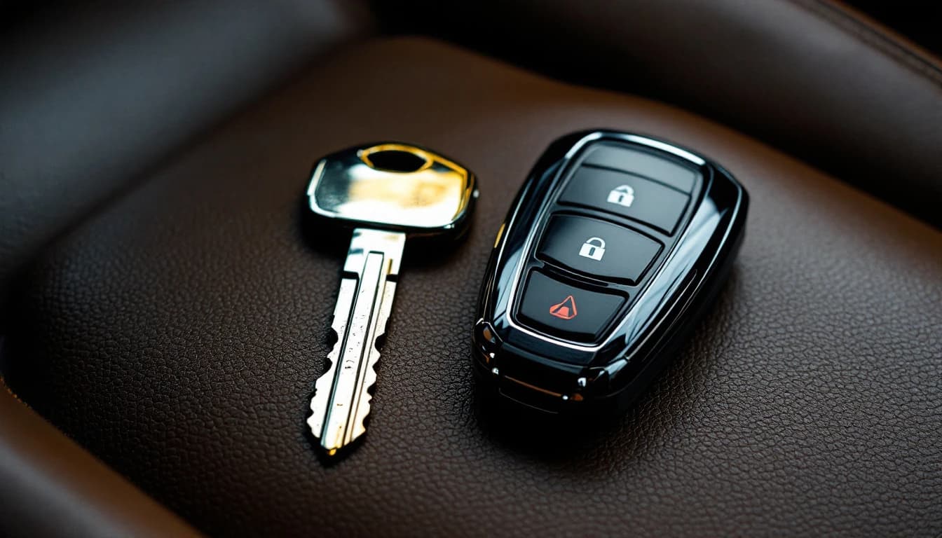 Llave de proximidad y llave con transponder de Cadillac sobre la consola de un sedán durante un servicio móvil de cerrajero en Fort Worth
