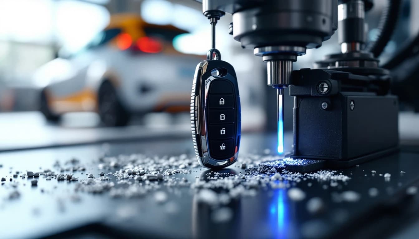 Llave de corte láser con chip de Ford recién cortada junto al equipo de programación en un servicio móvil de cerrajero en Fort Worth