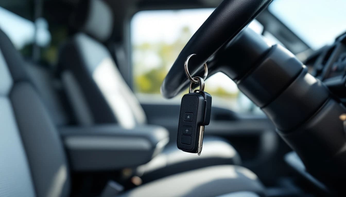 Ford F-250 Super Duty de trabajo con la columna de dirección abierta mientras un técnico móvil repara el cilindro de encendido en Fort Worth