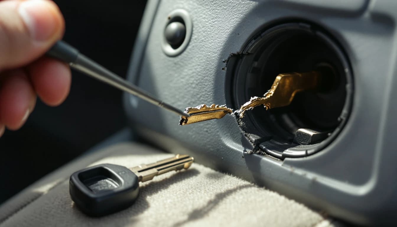Técnico extrayendo una llave rota del switch de encendido de un Honda Accord en Fort Worth