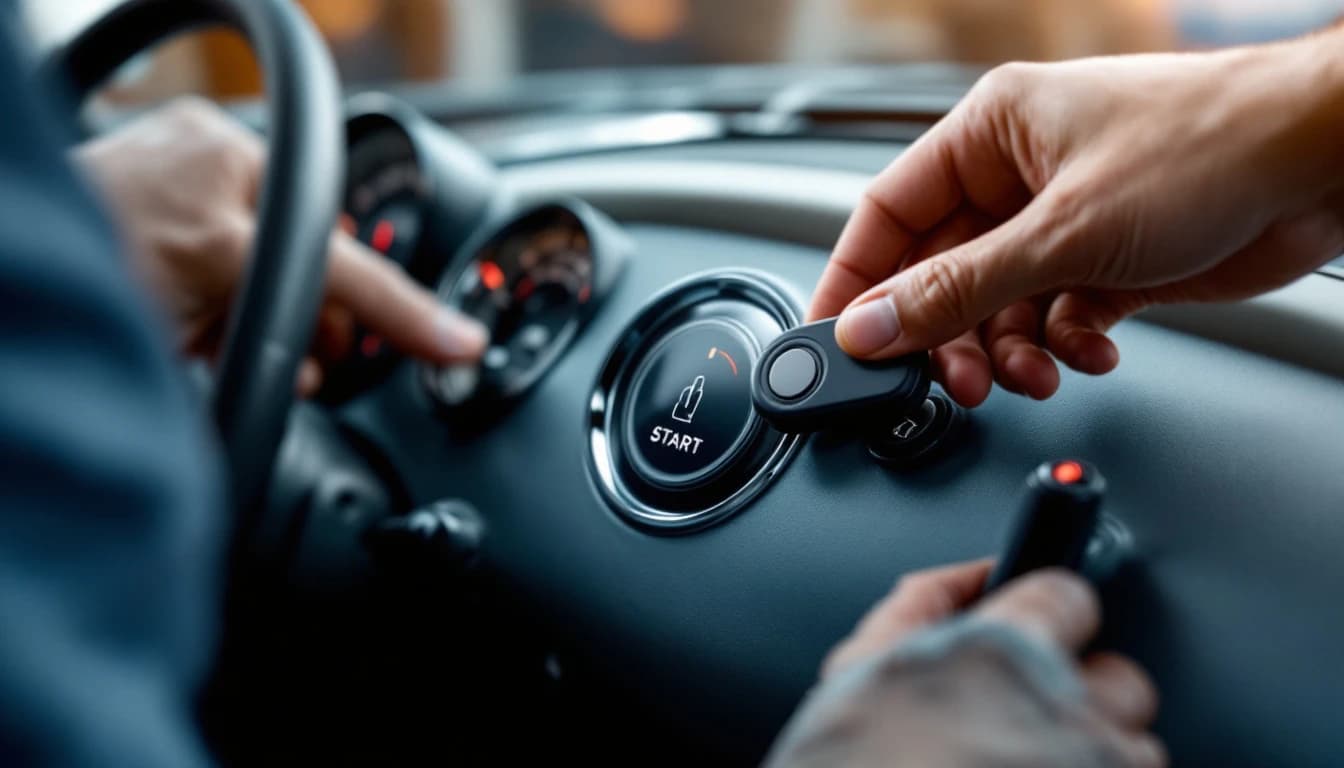 Interior de un Mini Cooper con la ranura de llave y el botón de arranque durante un diagnóstico en Fort Worth