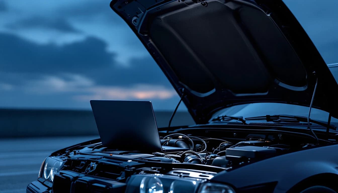 Módulo EWS de un BMW E46 sobre la mesa de trabajo junto a equipo de programación durante un servicio móvil en Fort Worth