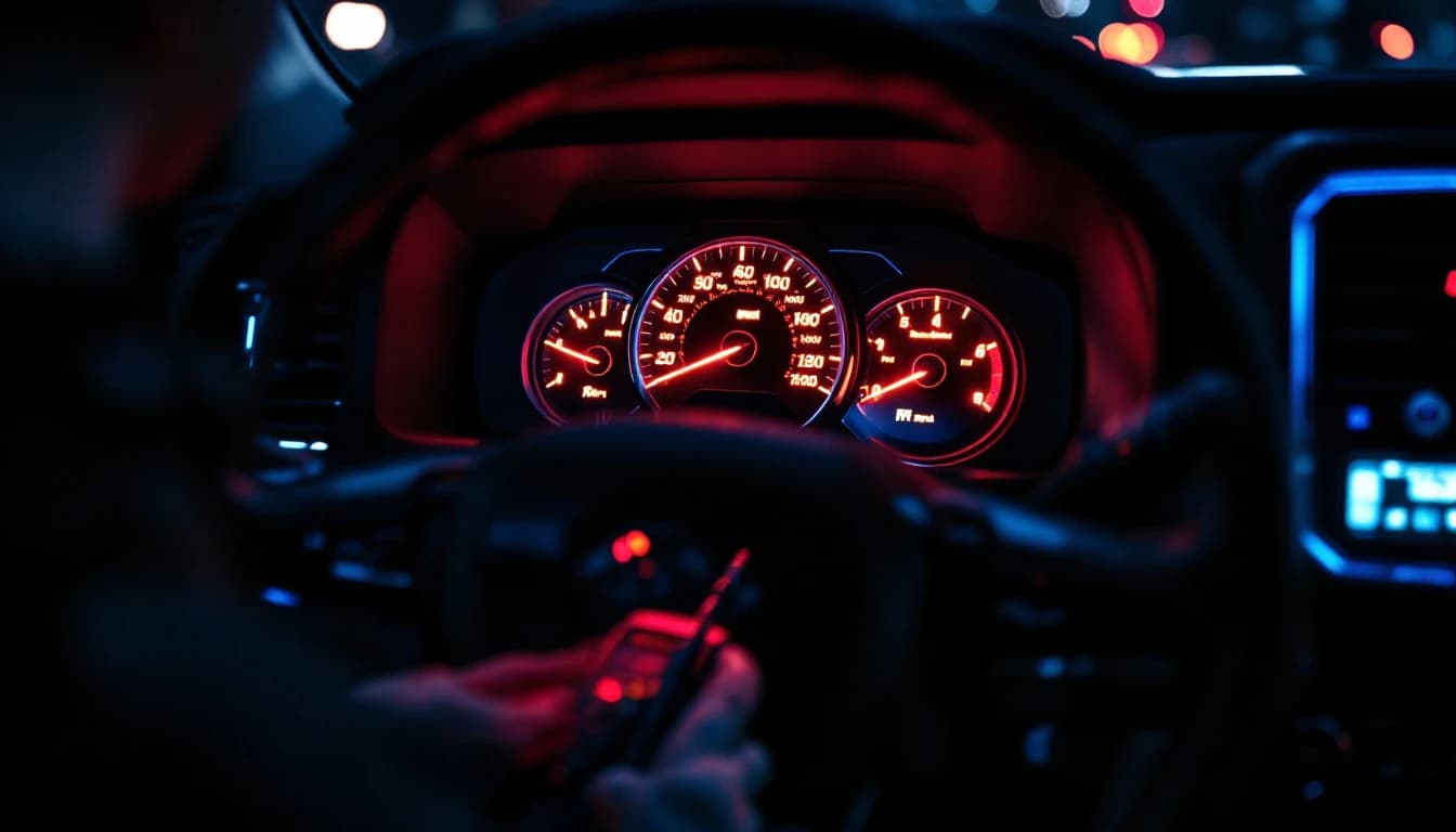 Tablero de instrumentos con múltiples testigos encendidos mientras un técnico revisa el arnés eléctrico bajo el volante
