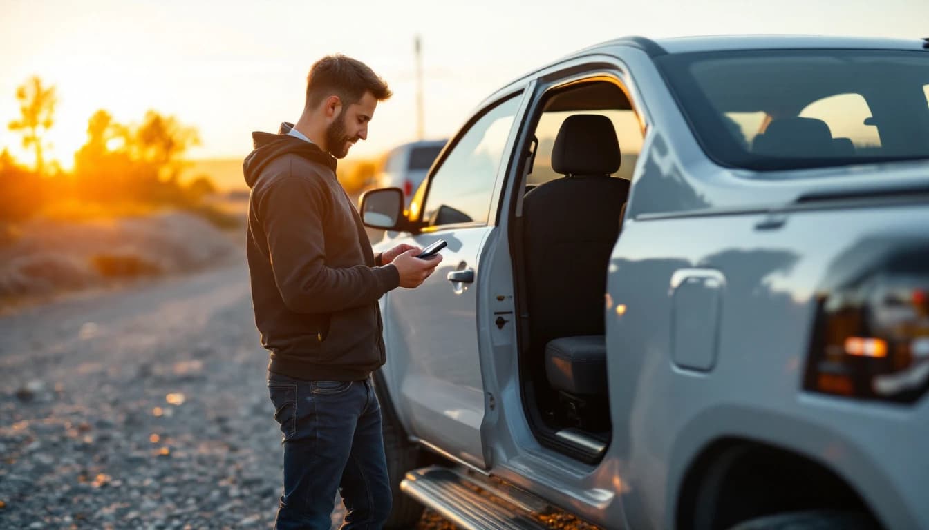 Camioneta pickup mediana estacionada en un lote de trabajo mientras un técnico móvil programa una llave nueva