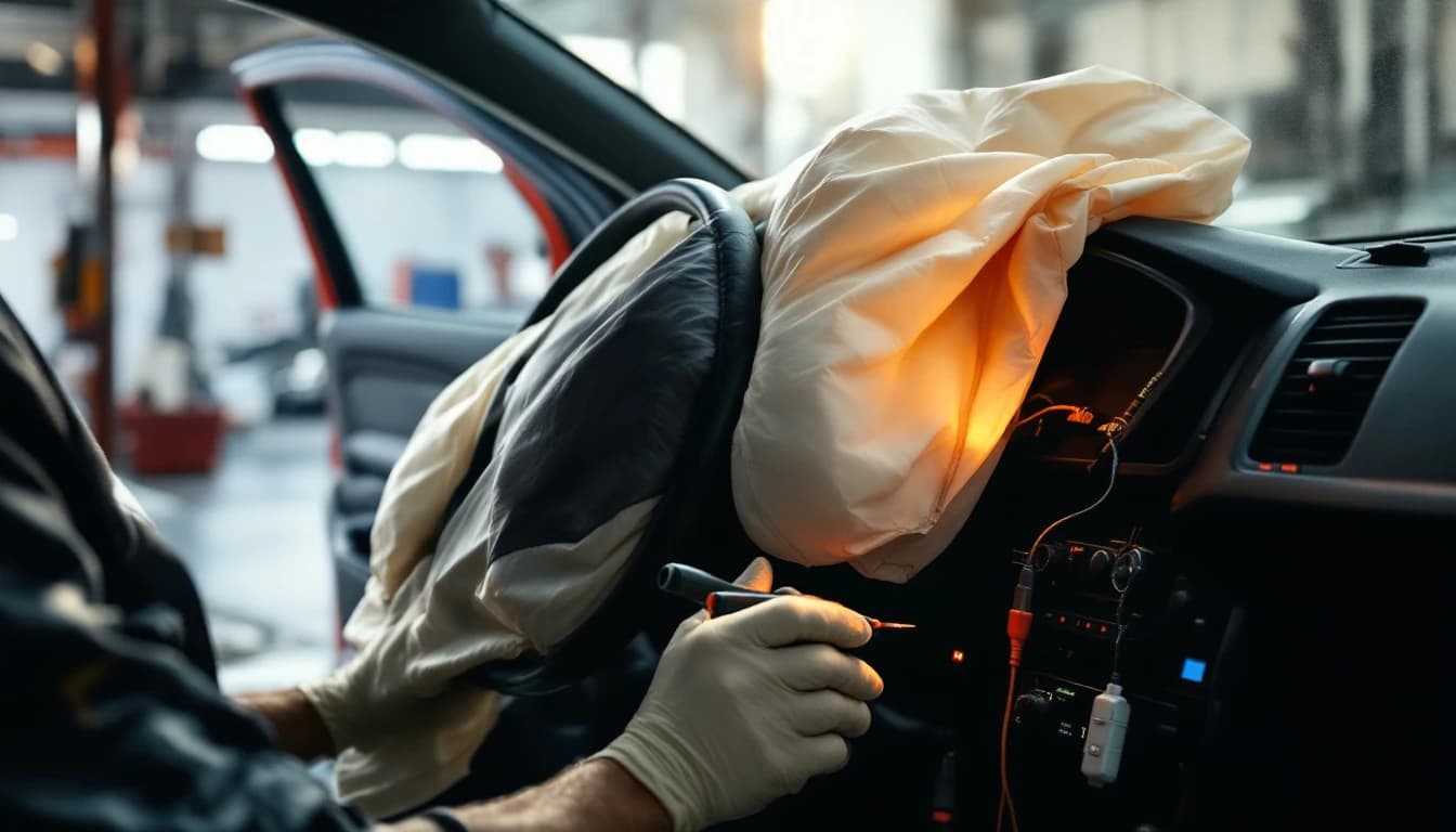 Interior de un vehículo con la bolsa de aire desplegada y el tablero apagado, en un taller durante una revisión eléctrica