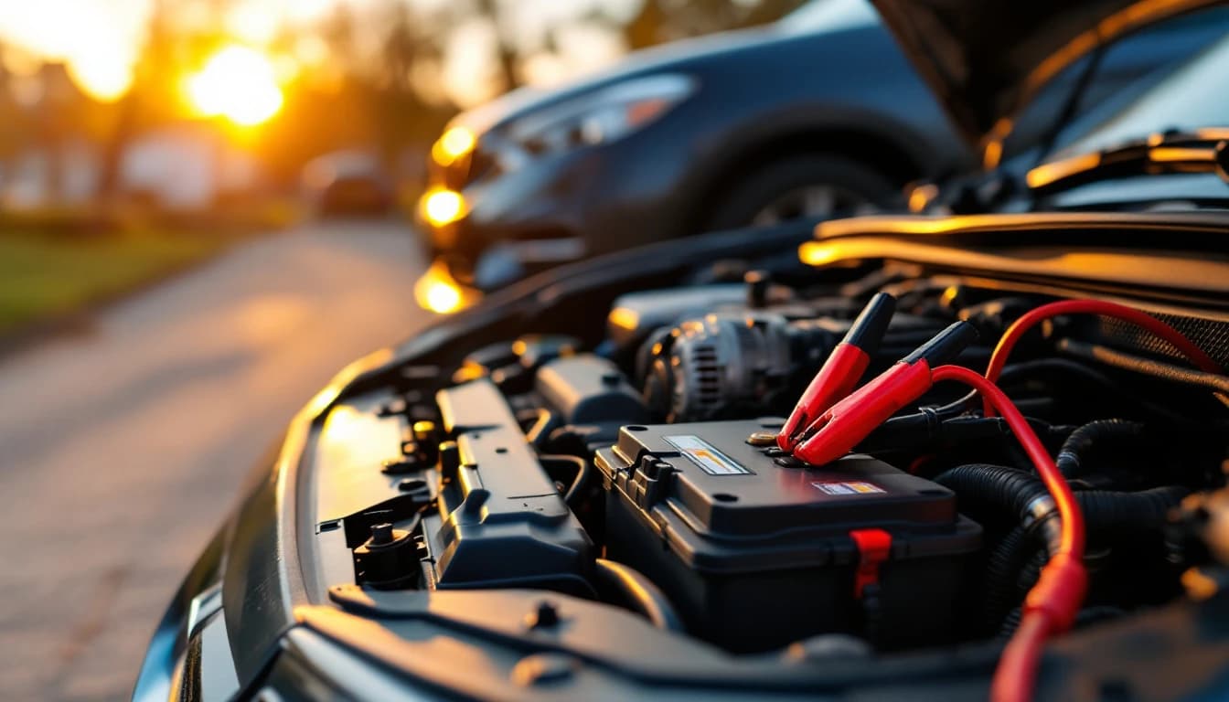 Pinzas rojas de cables de corriente conectadas a la batería de un carro con el cofre abierto en una calle residencial al atardecer