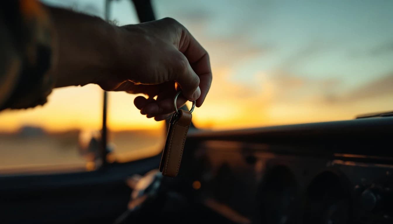 Mano sosteniendo una llave de carro con llavero de piel dentro de una camioneta al atardecer