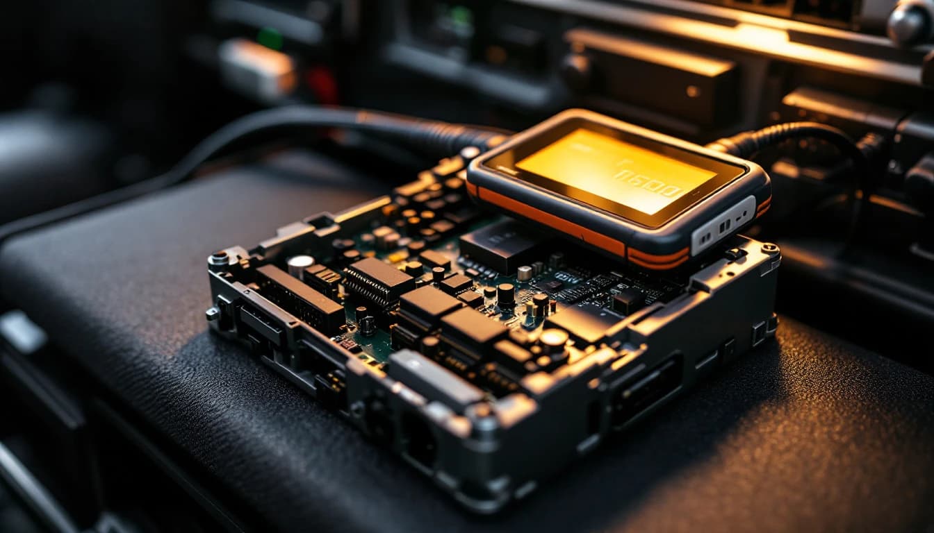 Módulo de control automotriz abierto sobre una mesa de trabajo con un programador conectado durante una clonación de memoria en Fort Worth