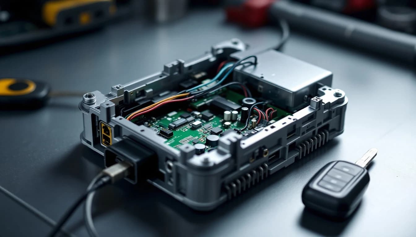 Computadora de motor abierta sobre un banco de trabajo con un programador conectado y una llave de carro al lado