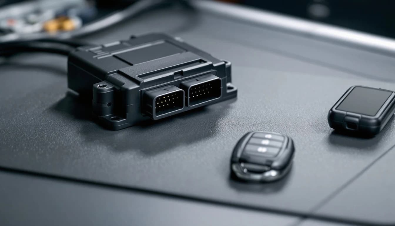 Módulo electrónico de carro con su conector abierto sobre un banco de trabajo junto a un programador y una llave tipo control