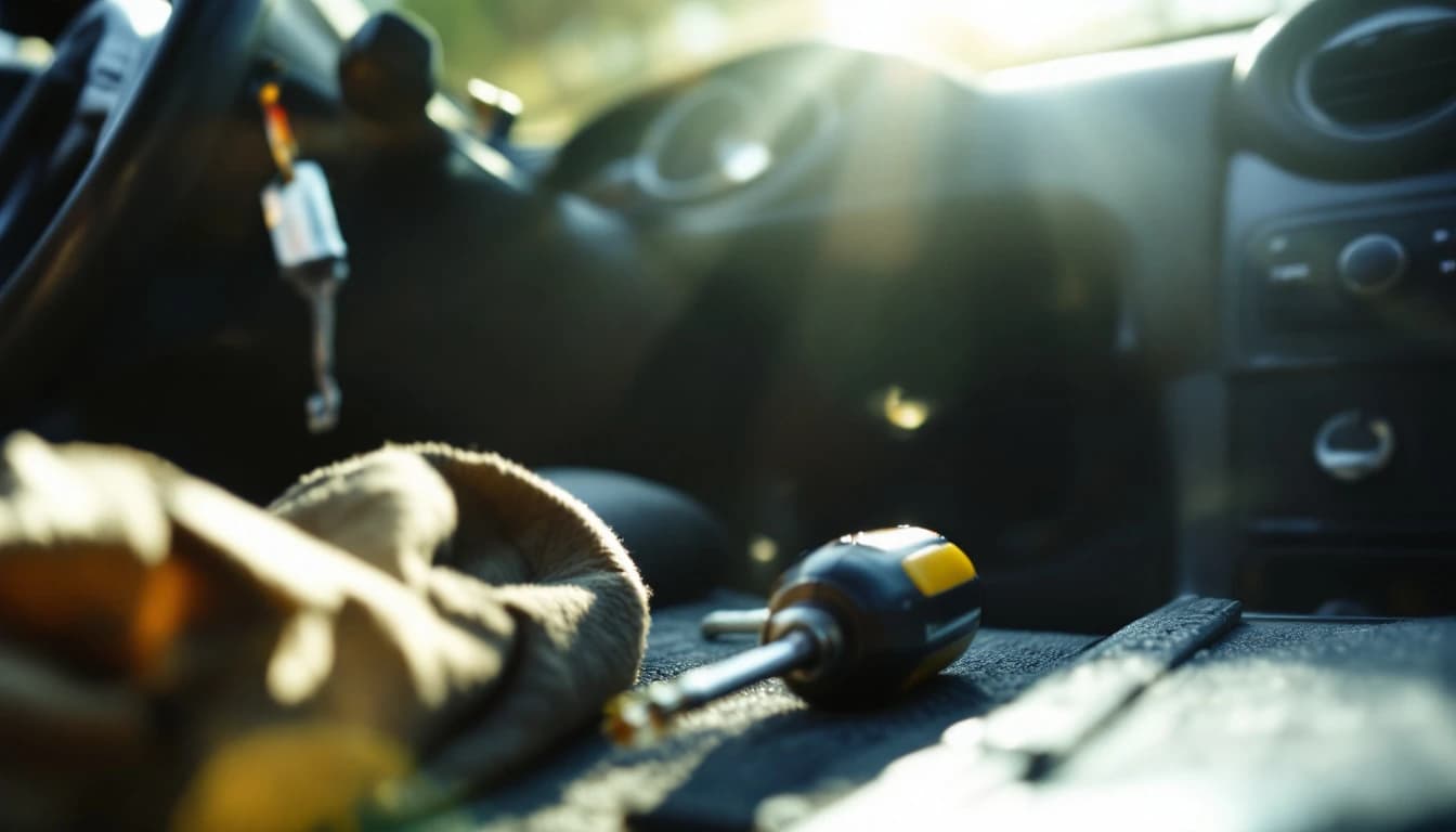 Destornillador tirado en el piso del lado del conductor de un carro, con la llave colgando del encendido a contraluz