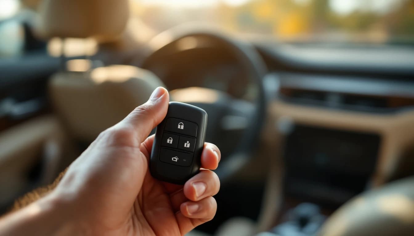 Mano sosteniendo una llave tipo control negra frente al interior de un carro europeo con asientos de piel clara