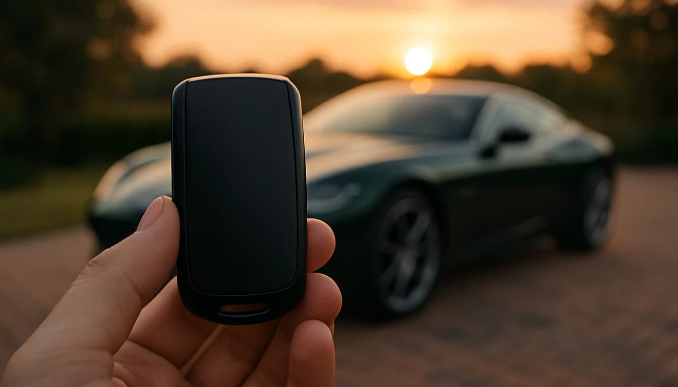 Mano sosteniendo una smart key negra frente a un deportivo verde oscuro desenfocado estacionado al atardecer