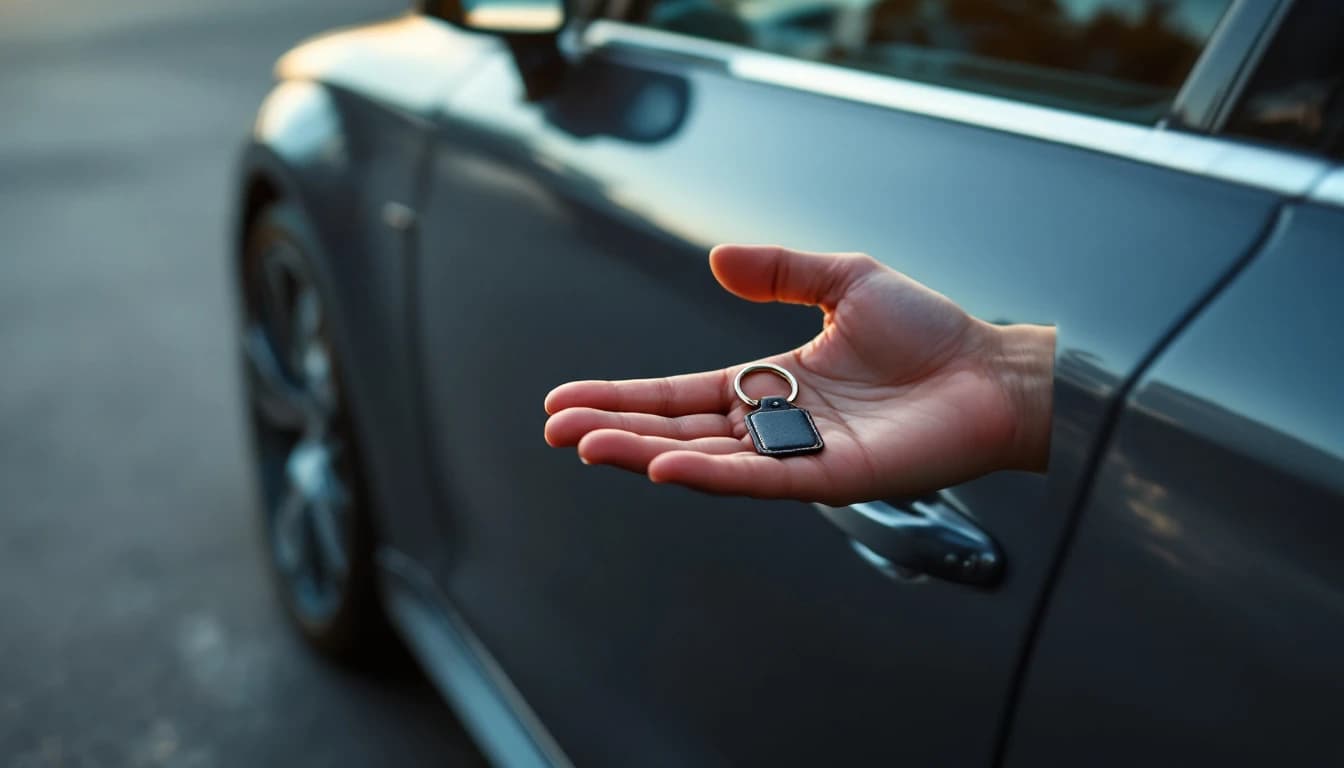 Mano abierta con un llavero vacío junto a la puerta cerrada de un carro en un estacionamiento