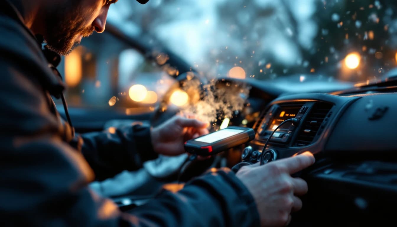 Técnico programando un módulo de arranque remoto en el tablero de un carro en Fort Worth
