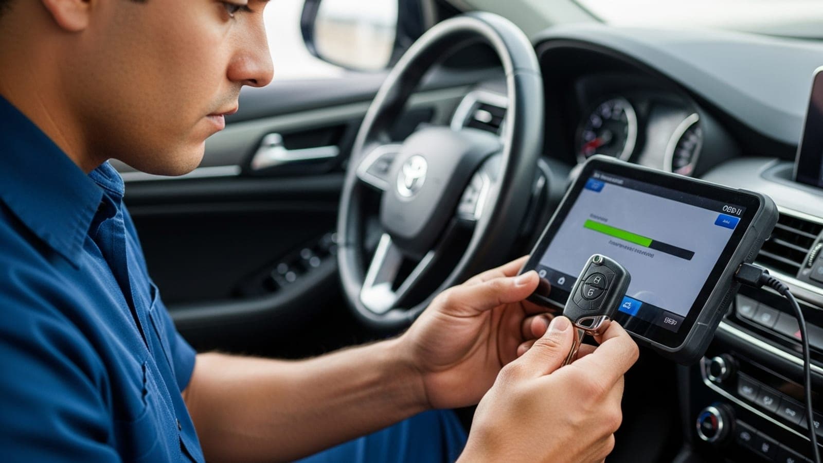 Llave transponder con chip expuesto siendo programada