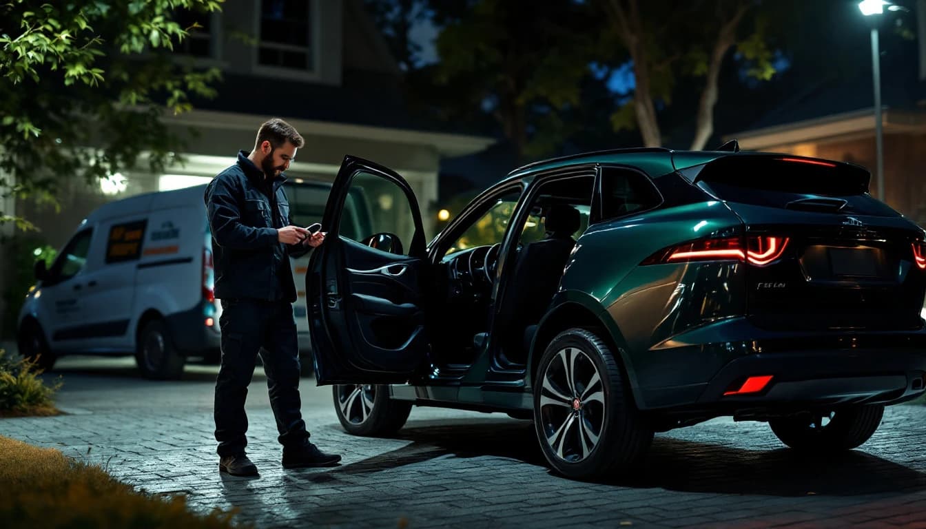 Cerrajero programando una llave inteligente Jaguar F-Pace con equipo dealer-level en Fort Worth