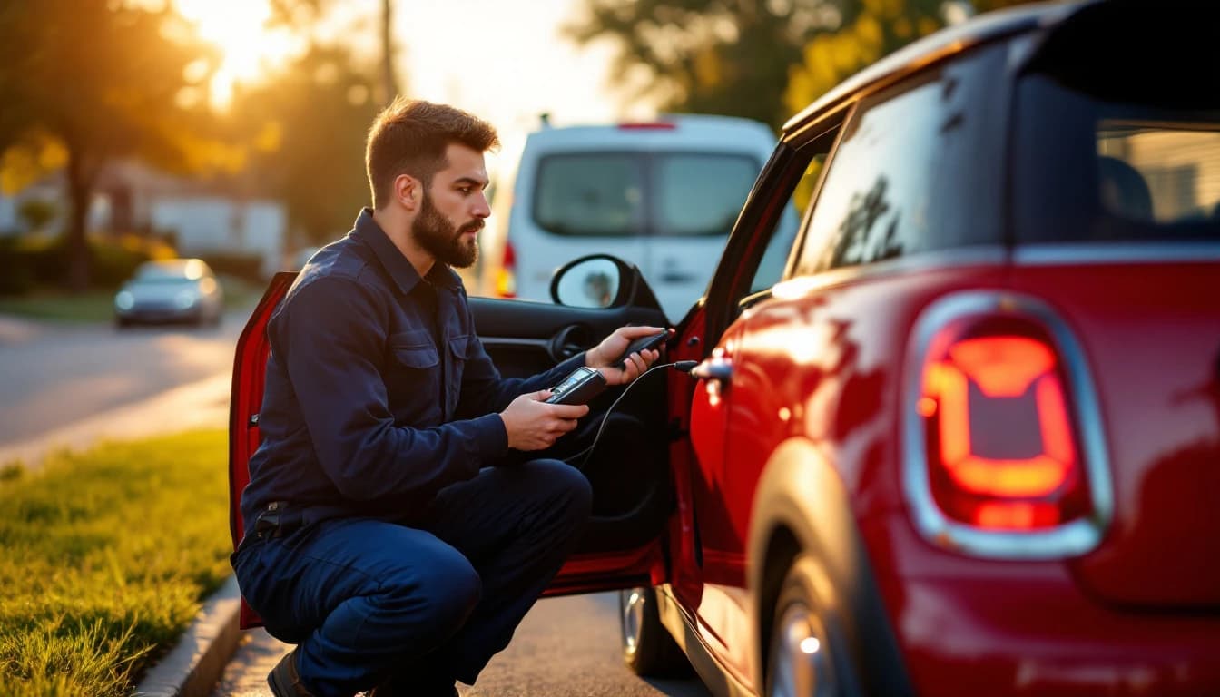 Cerrajero programando una llave MINI Cooper con equipo especializado europeo en Fort Worth