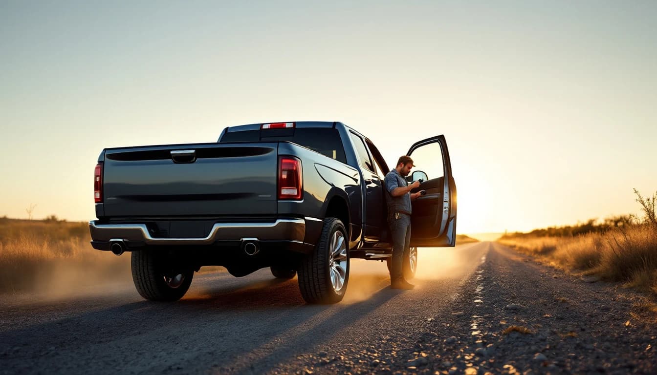 Camioneta pickup detenida a la orilla de un camino rural al atardecer mientras el conductor revisa la llave junto a la puerta abierta
